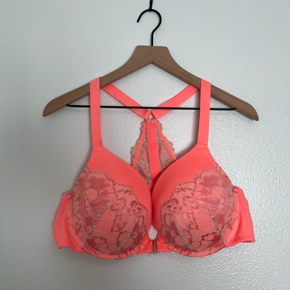 Cacique - Boost Plunge Front Closure Underwire Lace Neon Orange Coral Bra - 44C - Picture 2 of 12